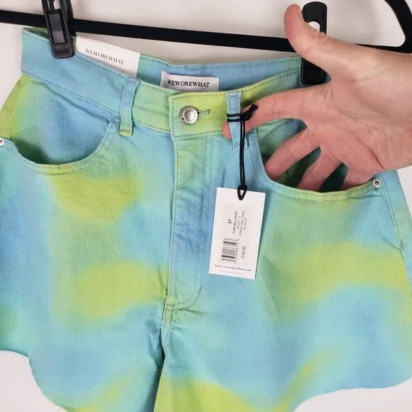 NWT WeWoreWhat Twill Flare Bell Tie Dye Frayed Hem High Rise Denim Shorts 31