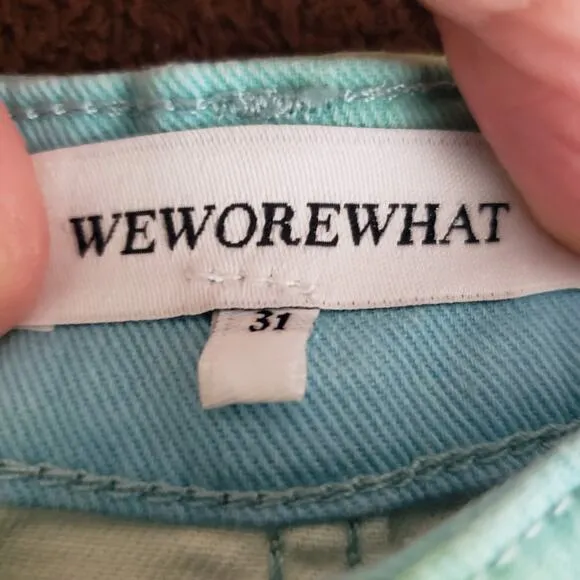 NWT WeWoreWhat Twill Flare Bell Tie Dye Frayed Hem High Rise Denim Shorts 31