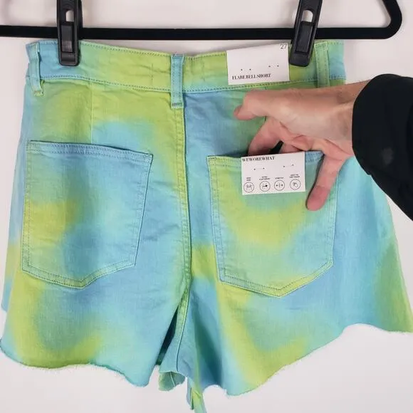 NWT WeWoreWhat Twill Flare Bell Tie Dye Frayed Hem High Rise Denim Shorts 31