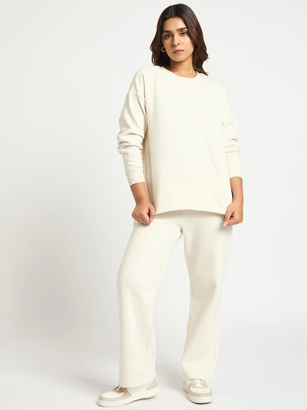 Oat Melange Crew Neck Fleece Sweatshirt