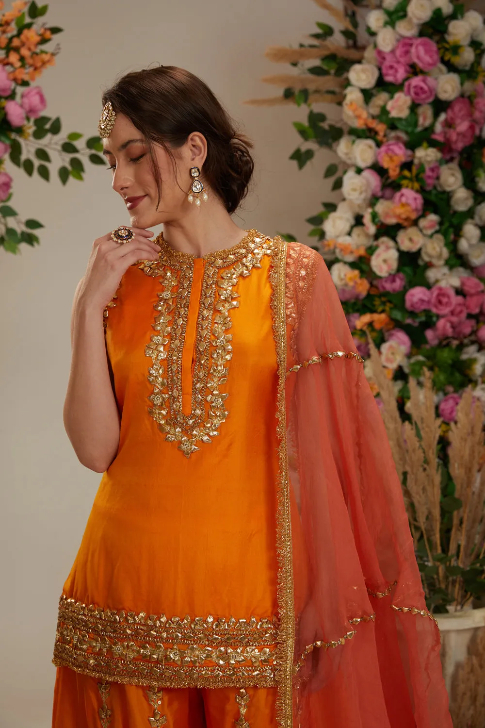 Orange Short Kurti With Sharara And Dupatta