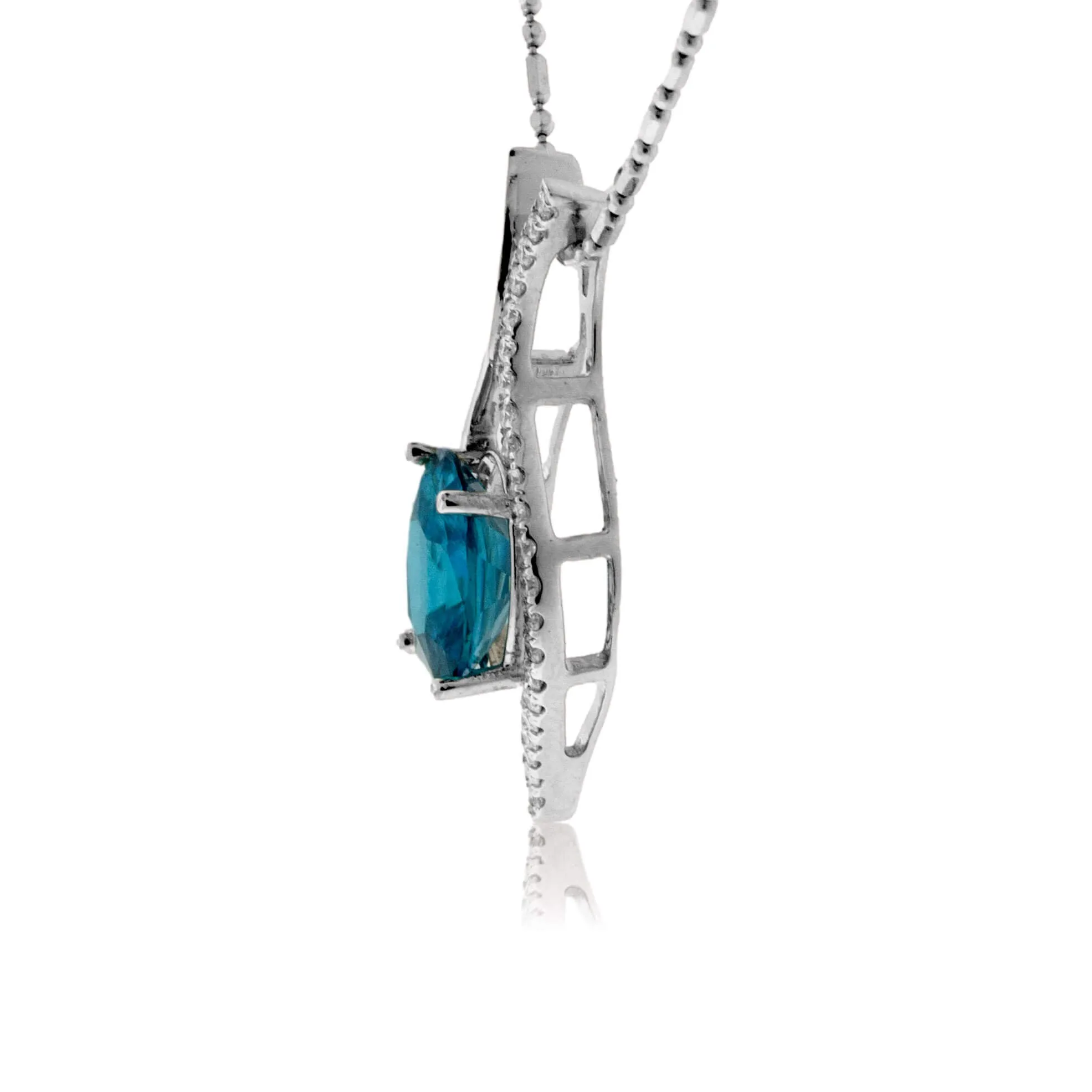 Oval Blue Zircon with Diamond Outline Pendant