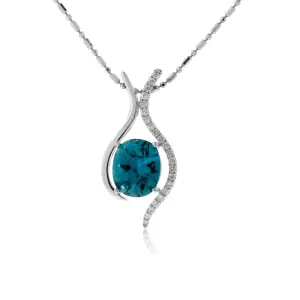 Oval Blue Zircon with Diamond Outline Pendant