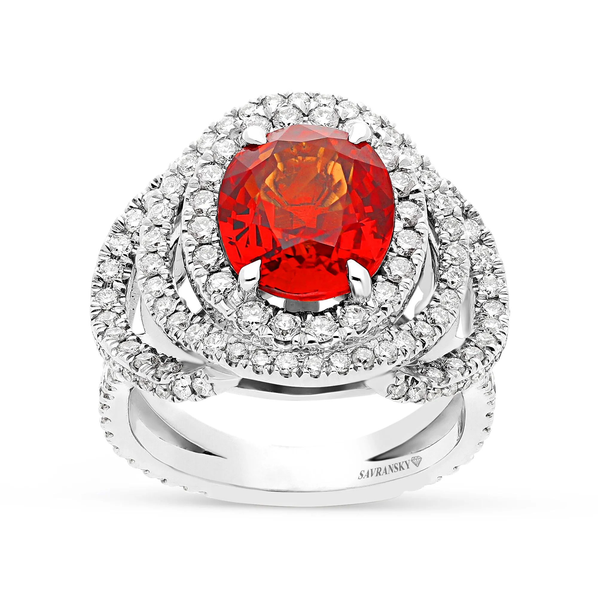 Oval Cut Orange Sapphire Trio Halo Birthstone Ring