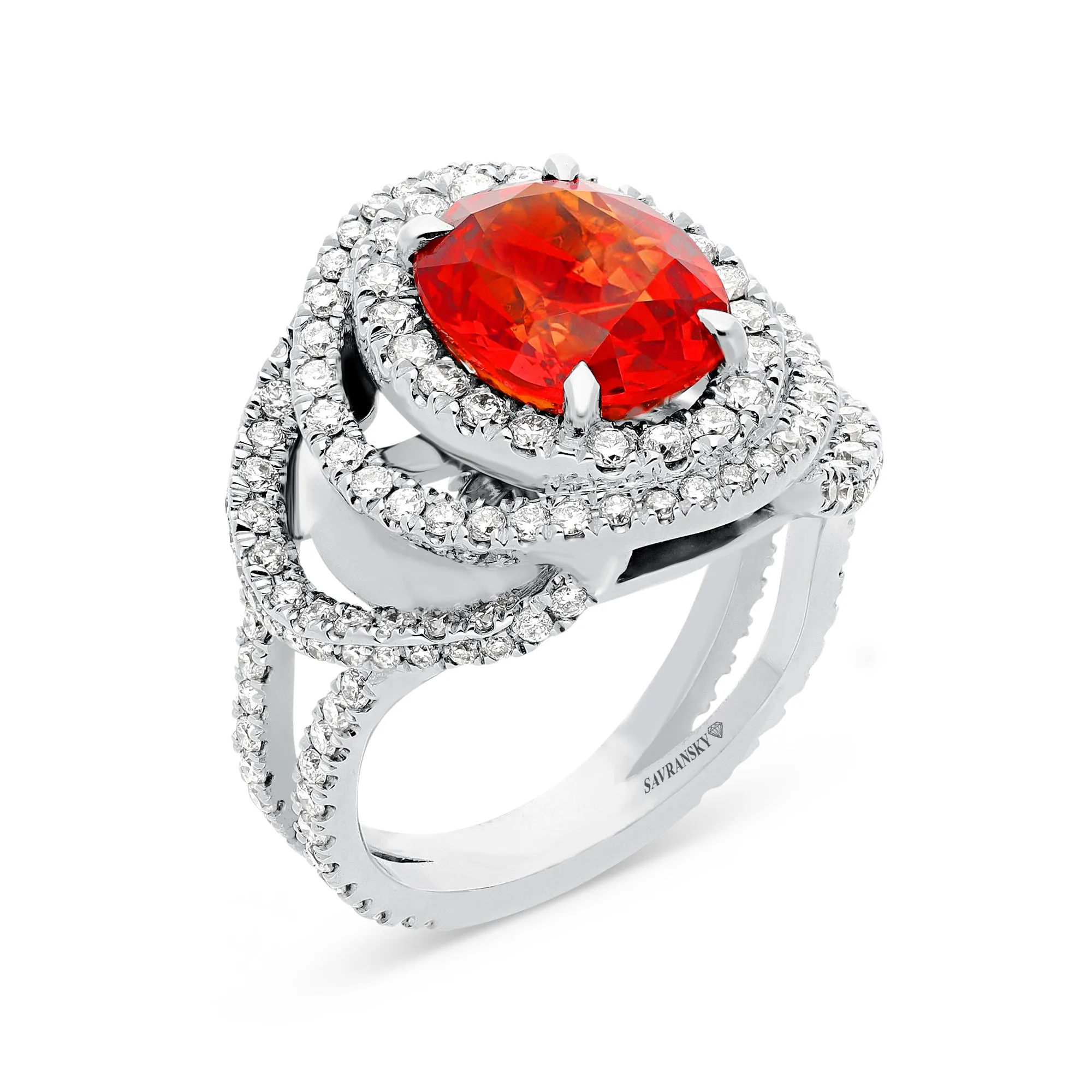 Oval Cut Orange Sapphire Trio Halo Birthstone Ring