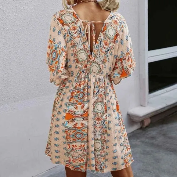 Paisley boho gypsy print dress 3/4 sleeve v neck