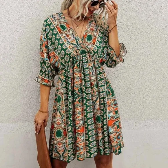 Paisley boho gypsy print dress 3/4 sleeve v neck