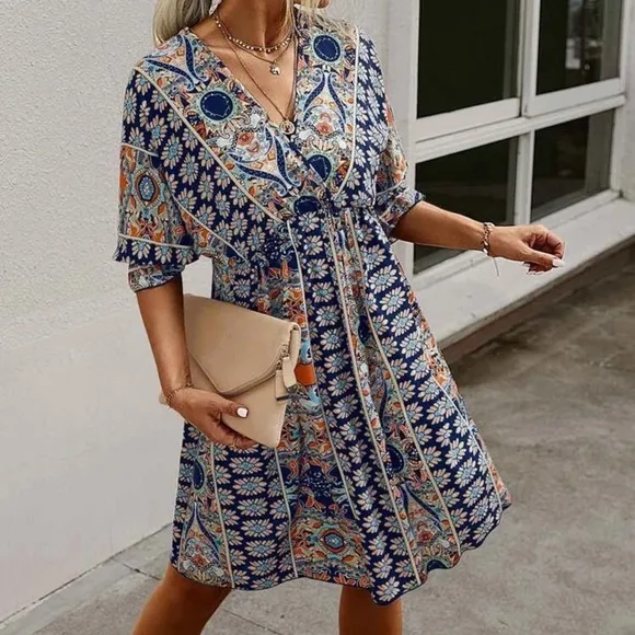 Paisley boho gypsy print dress 3/4 sleeve v neck