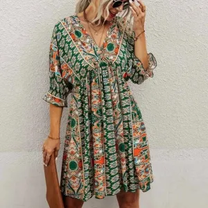 Paisley boho gypsy print dress 3/4 sleeve v neck