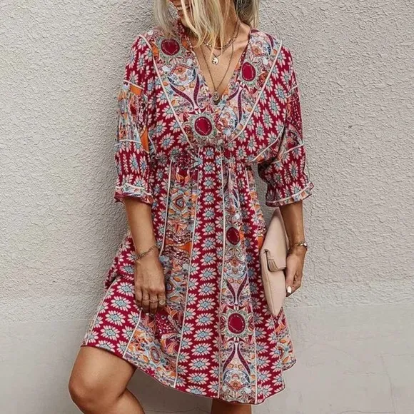 Paisley boho gypsy print dress 3/4 sleeve v neck