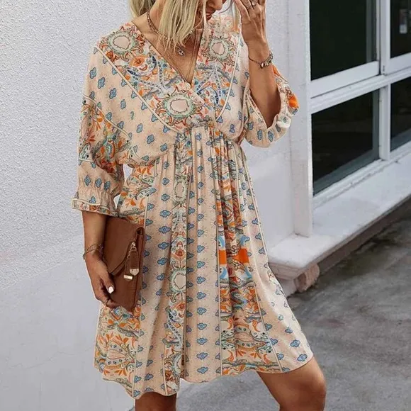 Paisley boho gypsy print dress 3/4 sleeve v neck