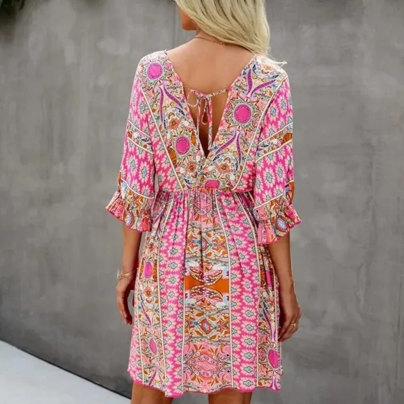 Paisley boho gypsy print dress 3/4 sleeve v neck