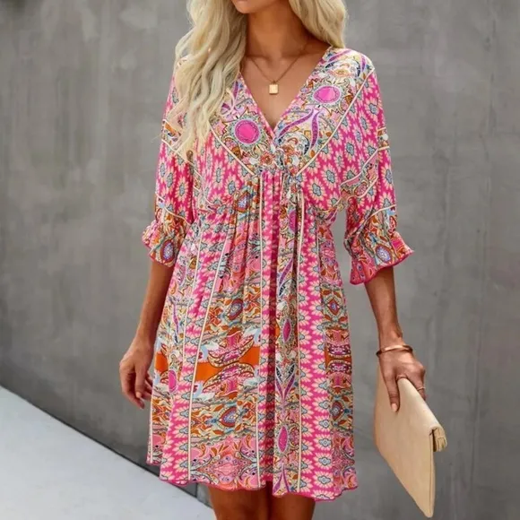 Paisley boho gypsy print dress 3/4 sleeve v neck