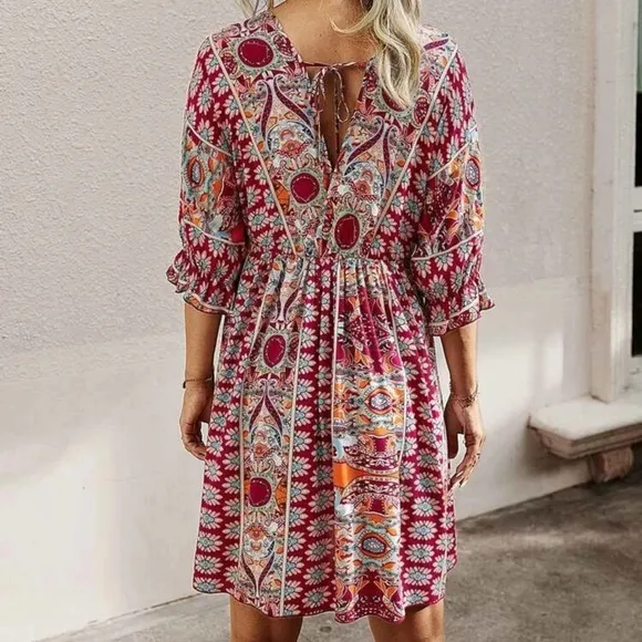 Paisley boho gypsy print dress 3/4 sleeve v neck
