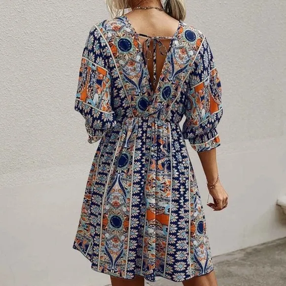Paisley boho gypsy print dress 3/4 sleeve v neck