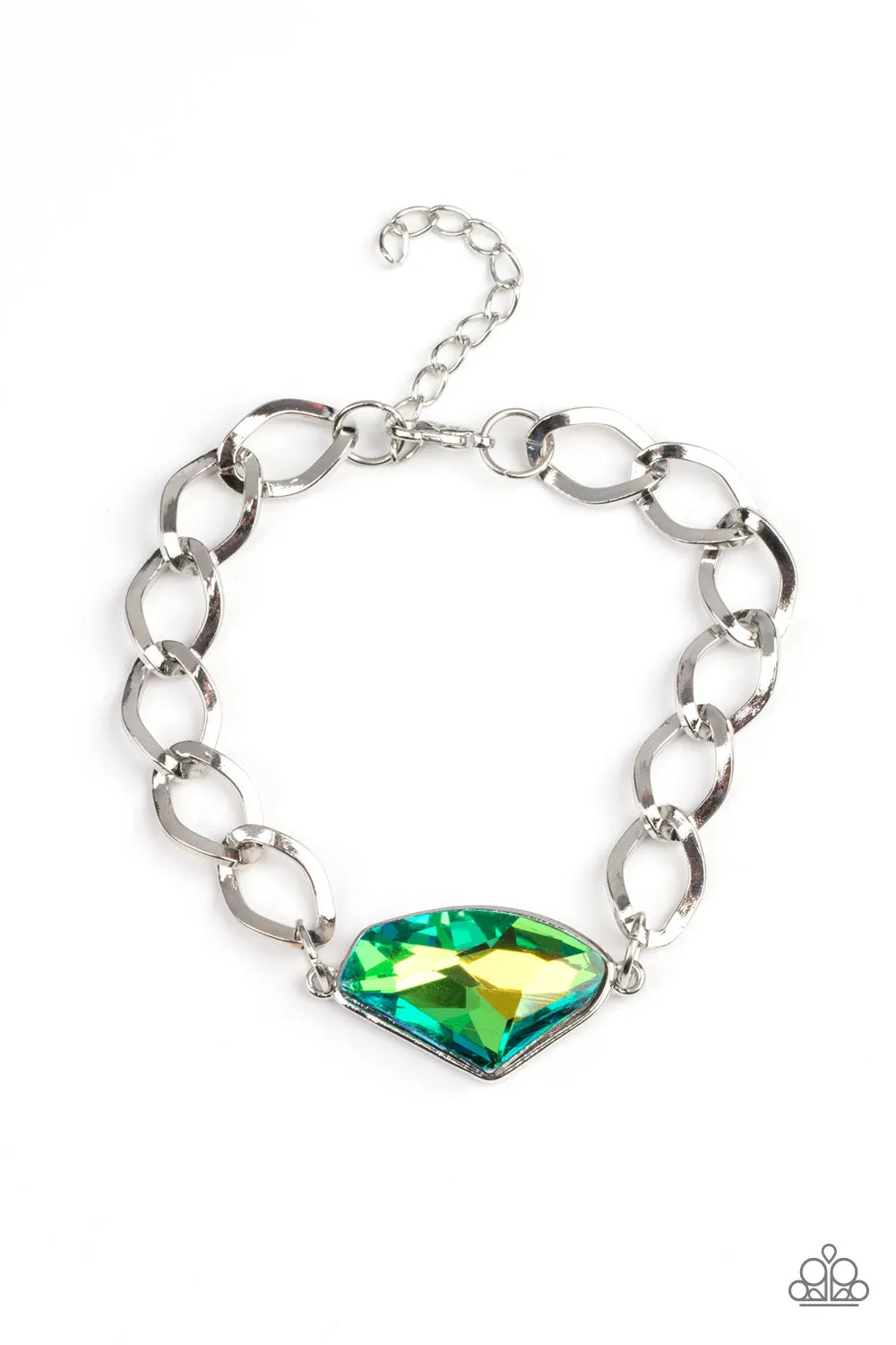 Paparazzi "Galactic Grunge" Silver Metal Chain & Iridescent Green Clasp Bracelet