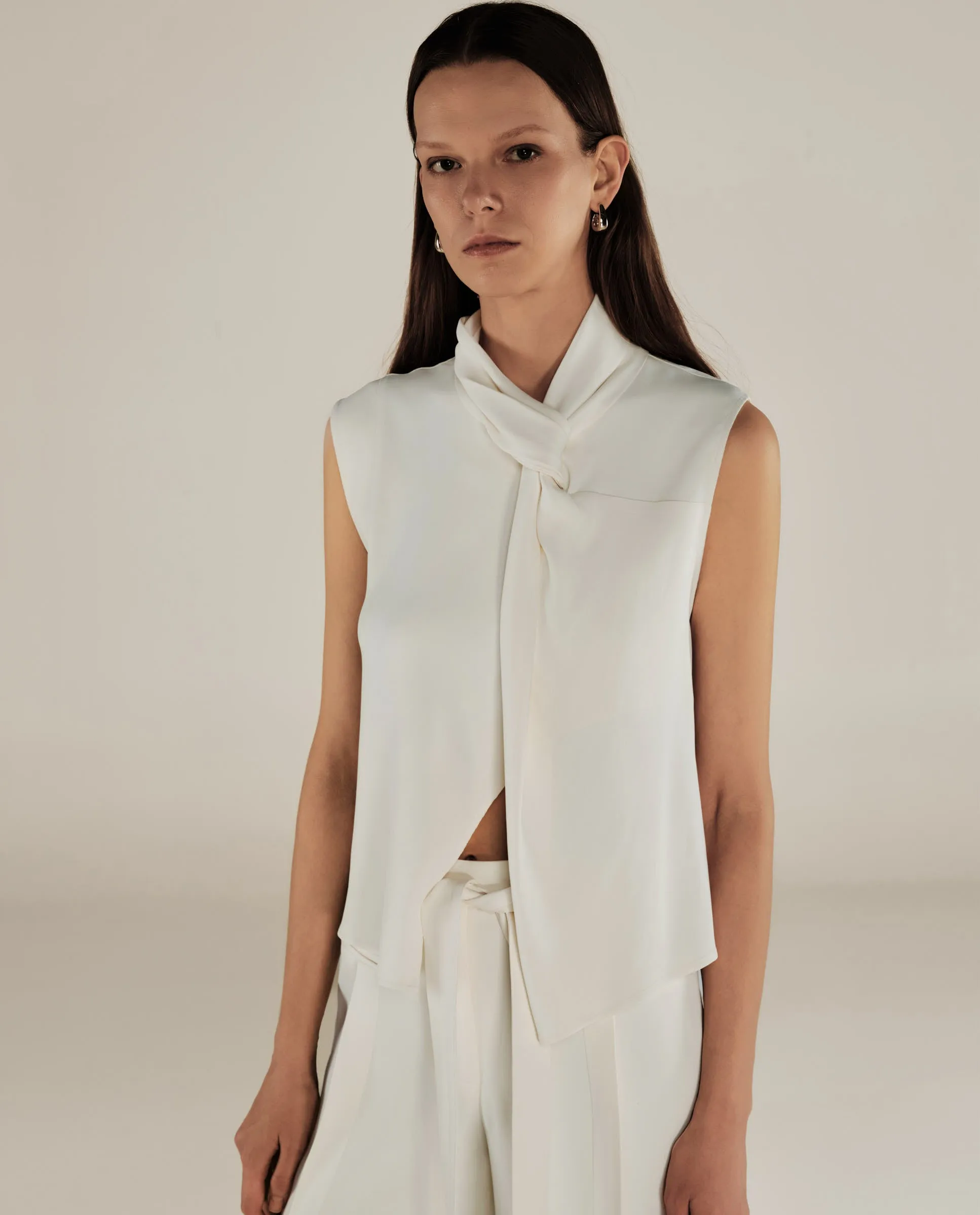 PARUL | Cream Twist Front Sleeveless Blouse