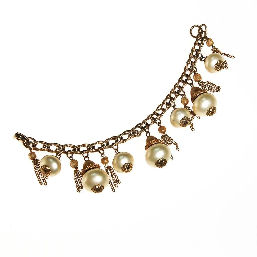 Pearl and Gold Tassel Charm Bracelet