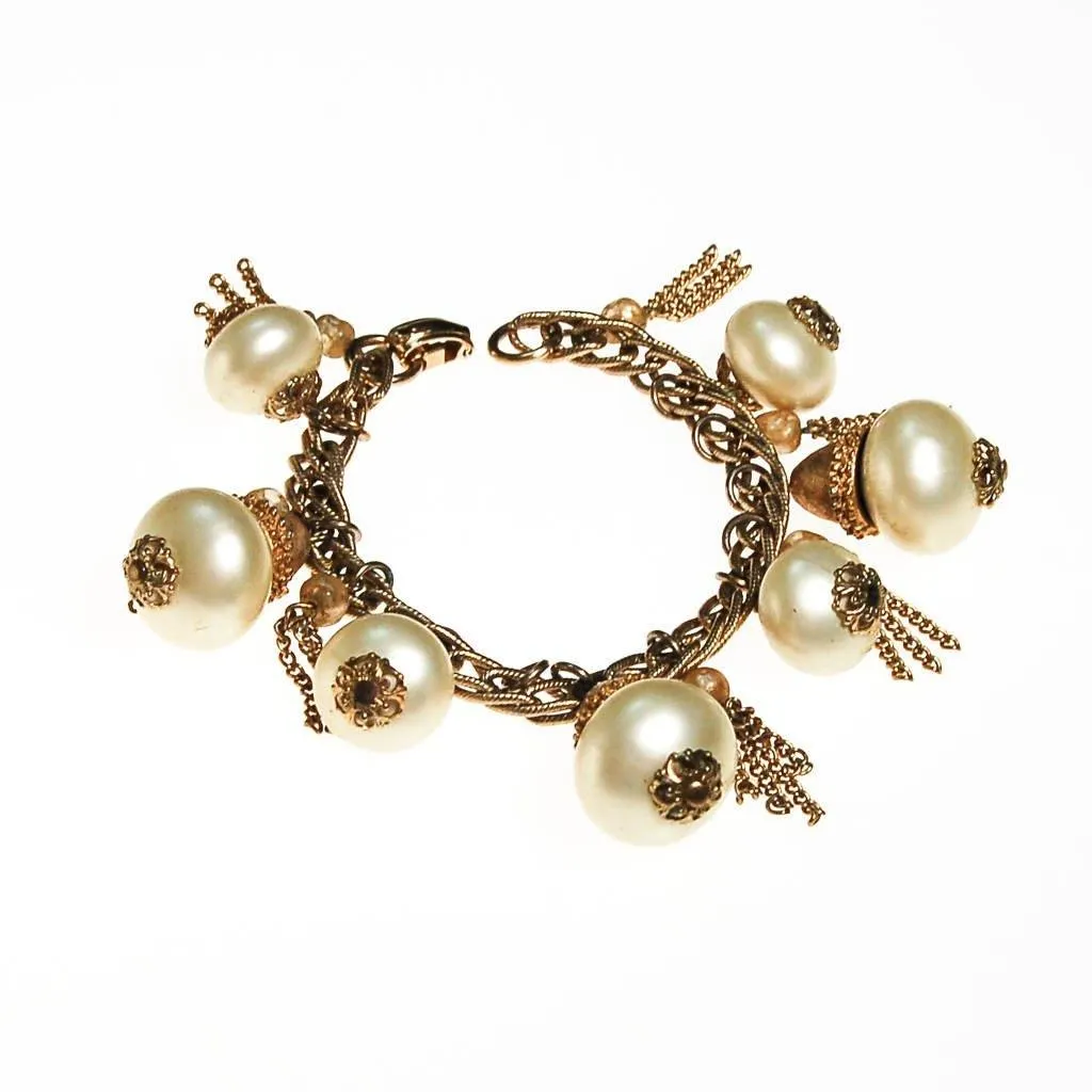 Pearl and Gold Tassel Charm Bracelet