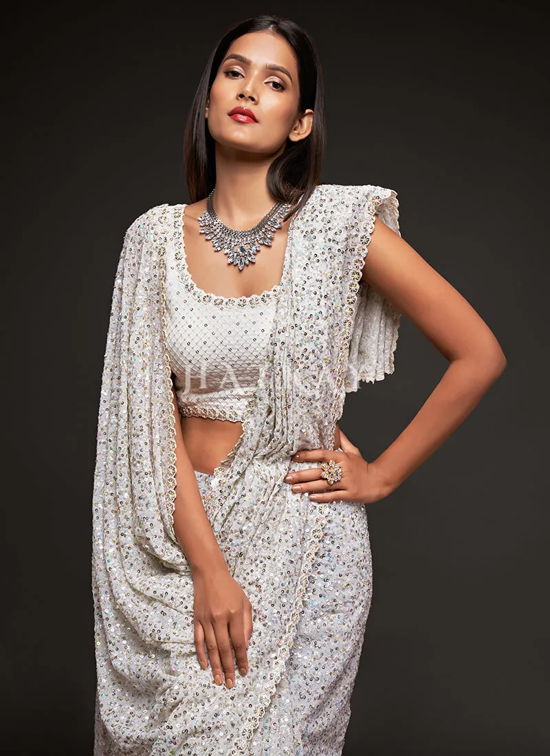 Pearl White Sequins Embroidery Georgette Saree