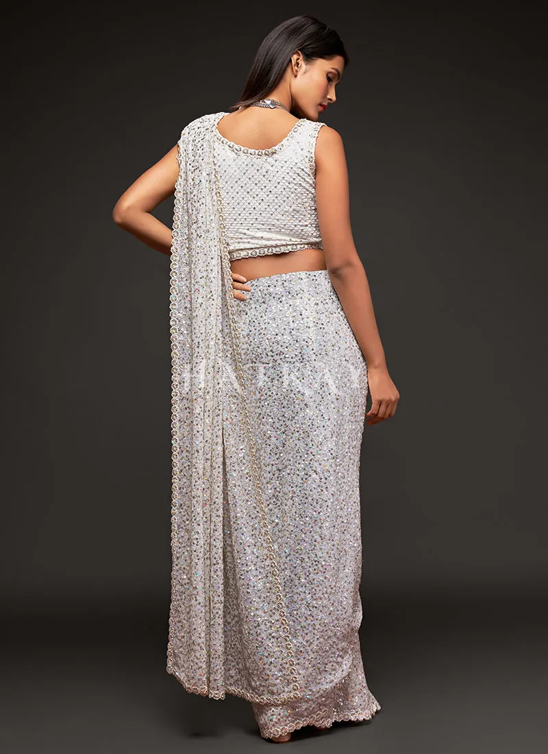 Pearl White Sequins Embroidery Georgette Saree