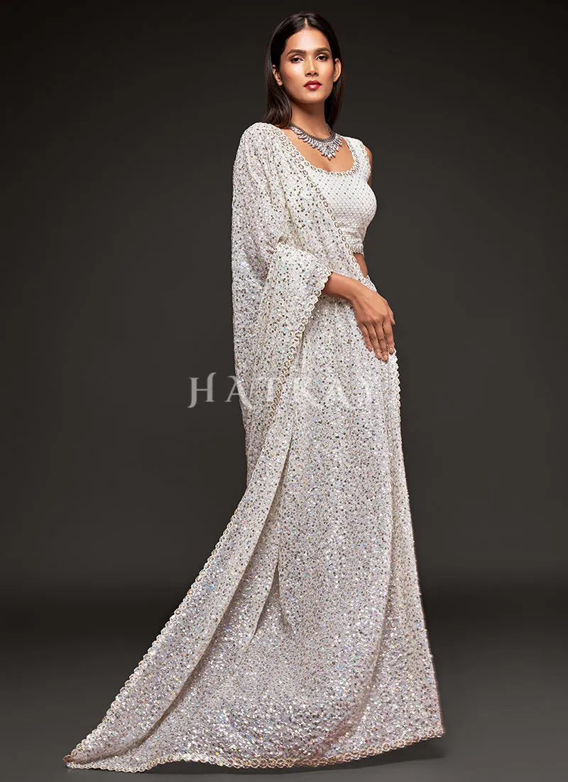 Pearl White Sequins Embroidery Georgette Saree