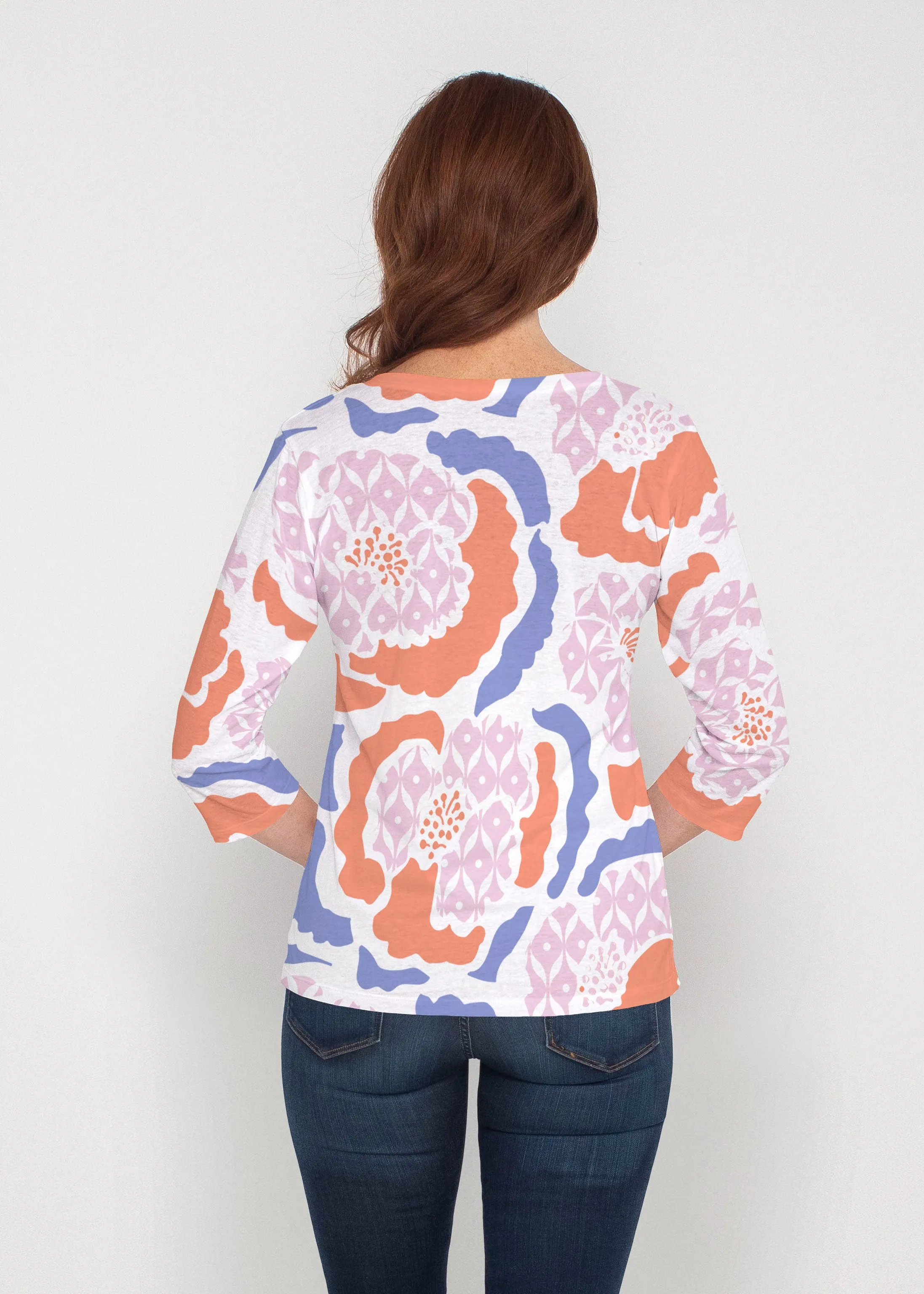 Peonies Pink (8074) ~ Signature 3/4 Sleeve V-Neck Top