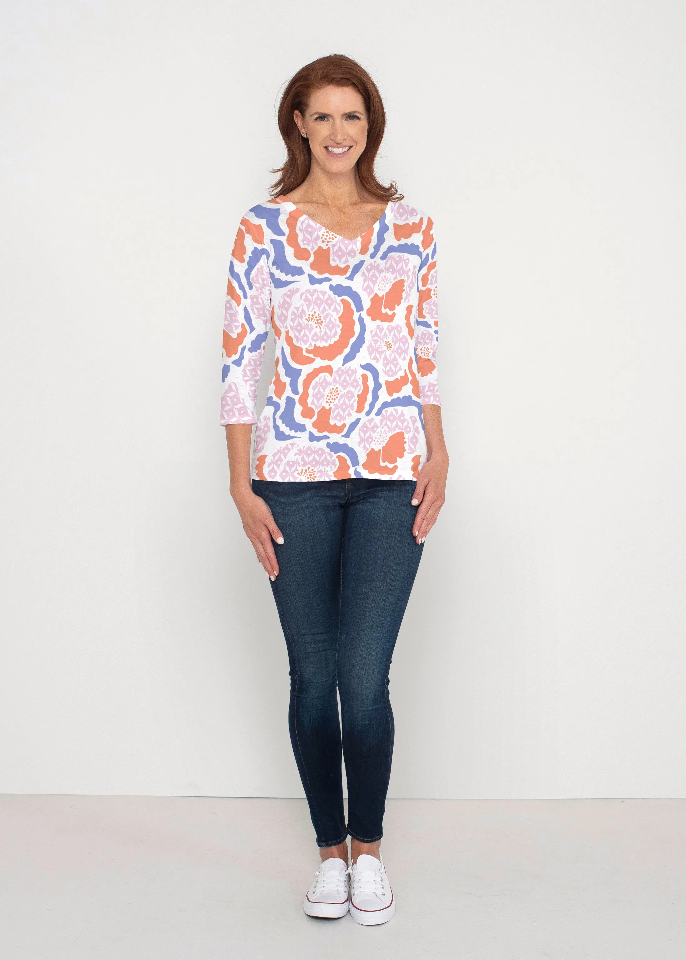 Peonies Pink (8074) ~ Signature 3/4 Sleeve V-Neck Top