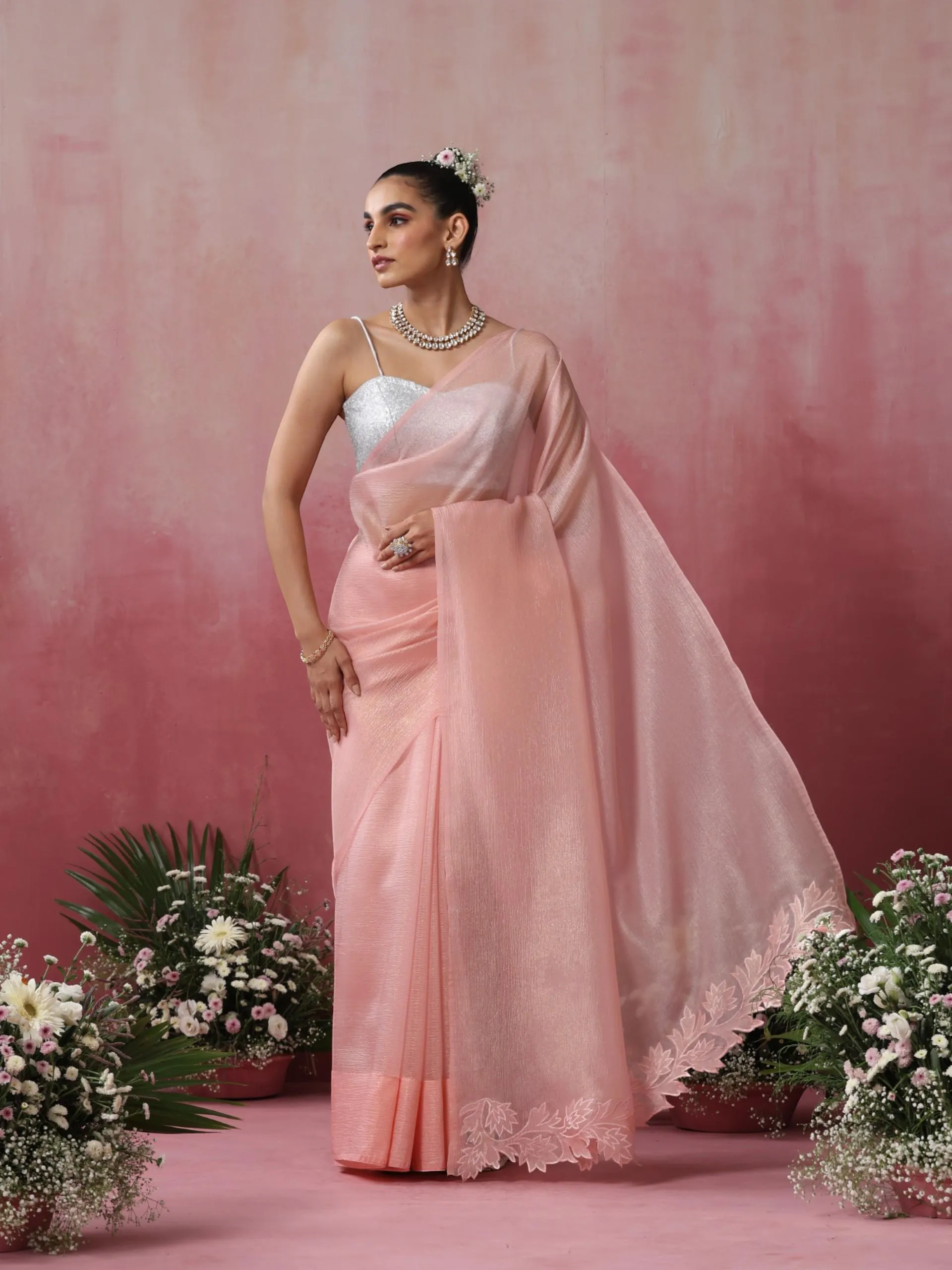 Petal Pink Gold Crushed Organza Saree with Cut Work Pallu Embroidery