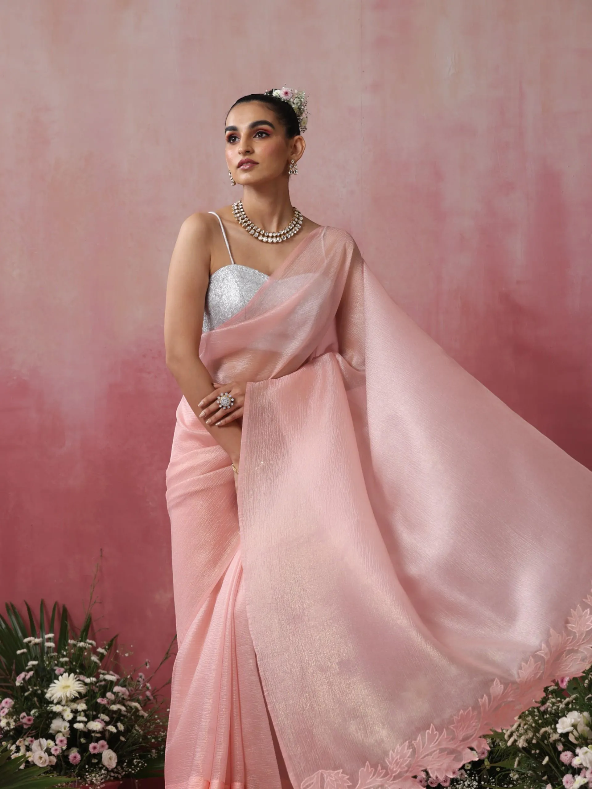 Petal Pink Gold Crushed Organza Saree with Cut Work Pallu Embroidery