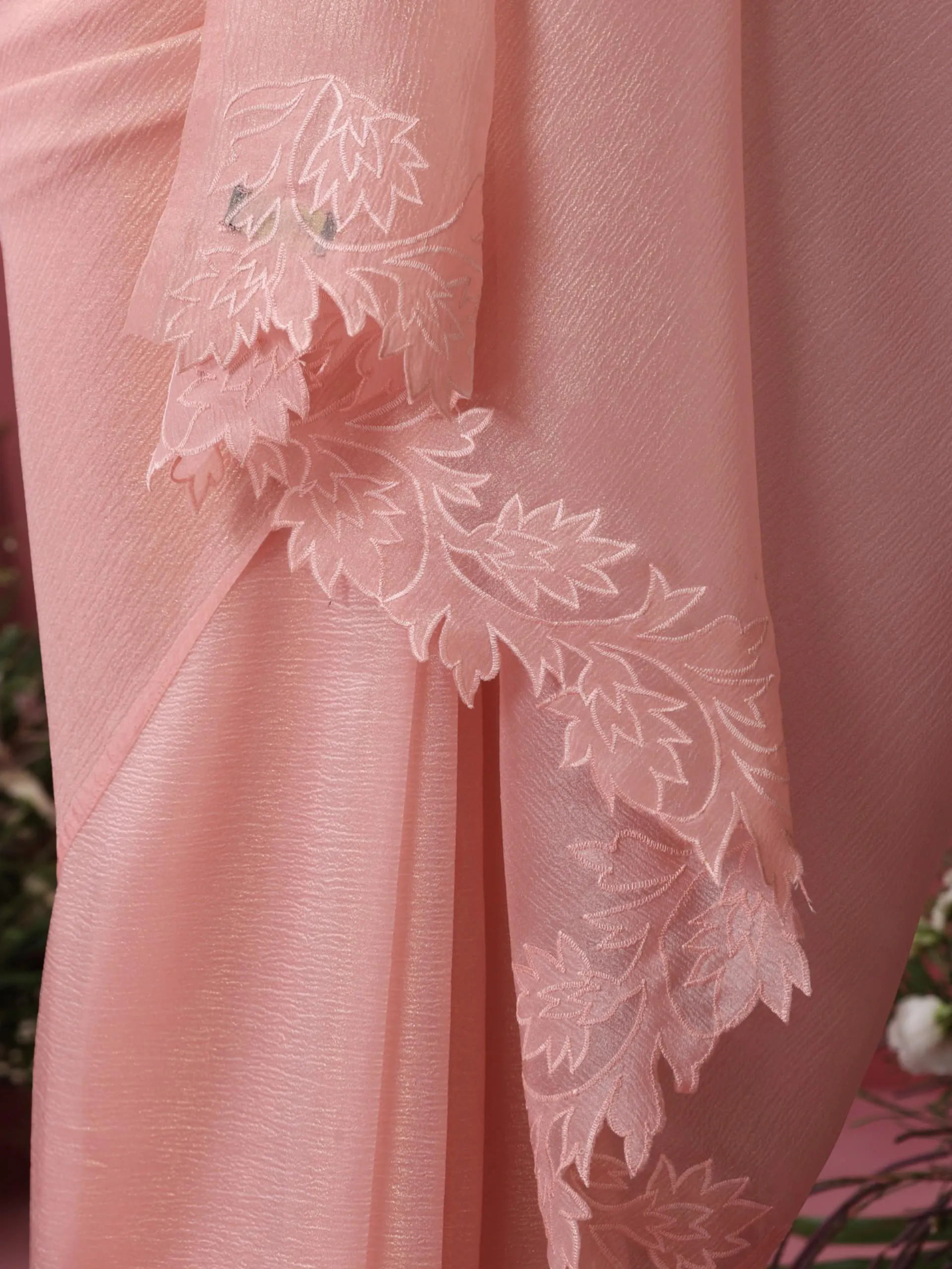 Petal Pink Gold Crushed Organza Saree with Cut Work Pallu Embroidery