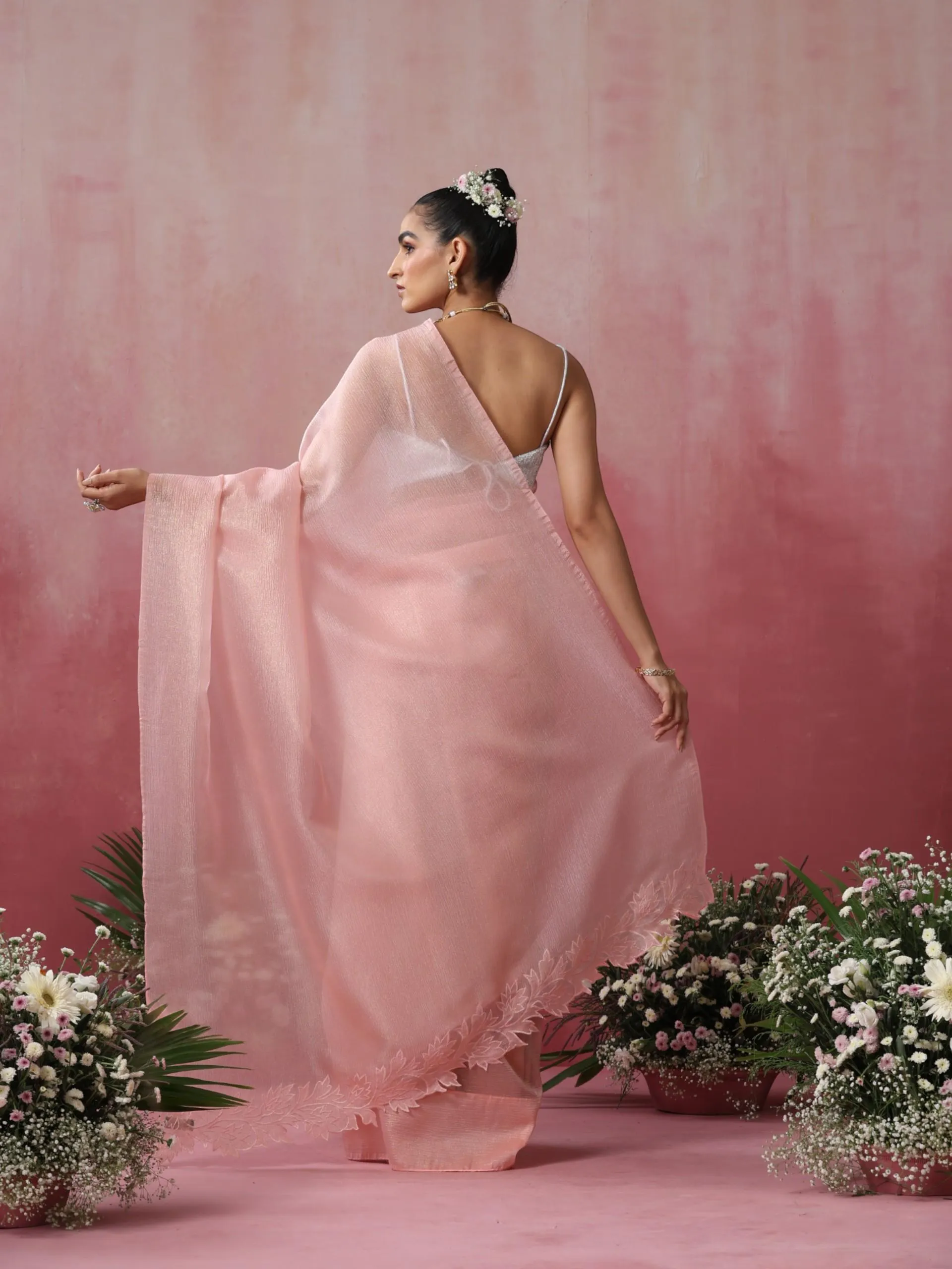 Petal Pink Gold Crushed Organza Saree with Cut Work Pallu Embroidery
