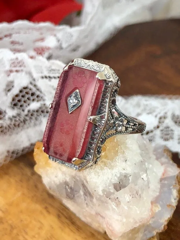 Pink Camphor Glass Ring, 1915 Vintage style, Edwardian Jewelry #D232