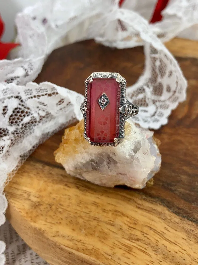 Pink Camphor Glass Ring, 1915 Vintage style, Edwardian Jewelry #D232