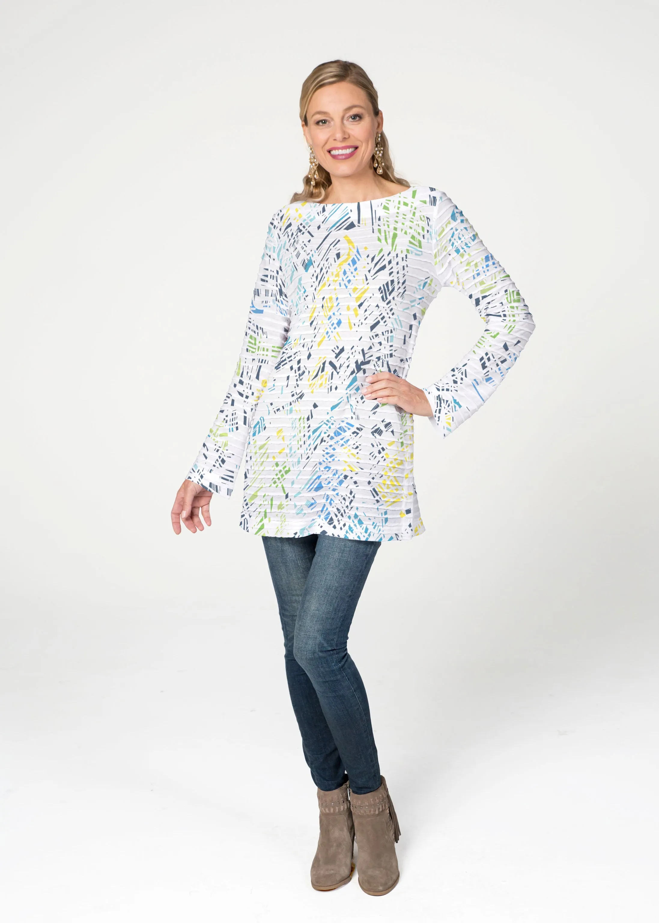 Pixie Blue (8077) ~ Banded Boatneck Tunic