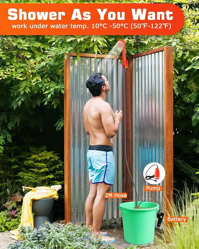 Portable Shower for Camping - Camping Shower Head with Pump, Camp Shower Pump Kit with 2 Rechargeable Batteries, Shower Head & Handheld Sprayer, 120Min Use Time, Quick Water Stop