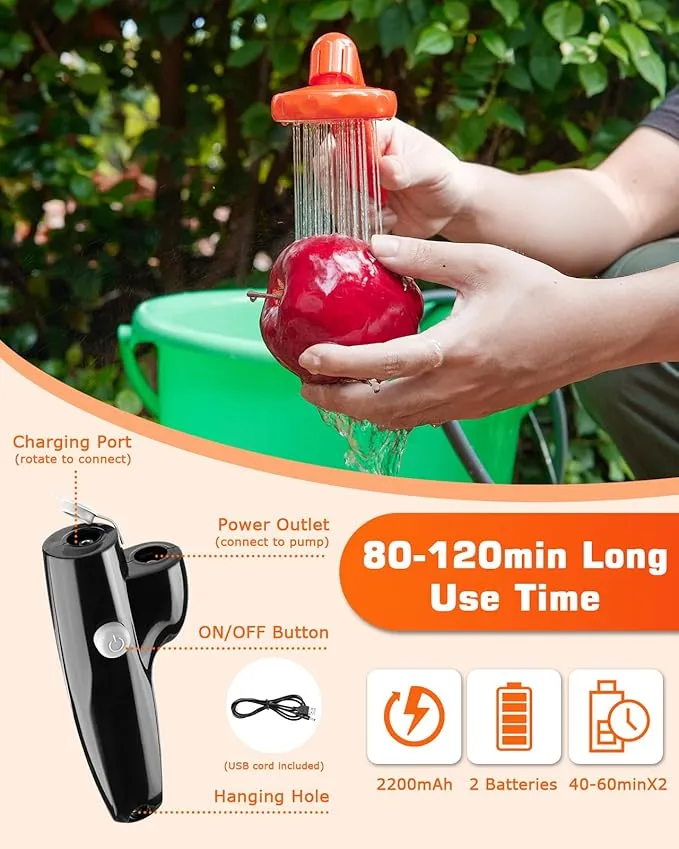 Portable Shower for Camping - Camping Shower Head with Pump, Camp Shower Pump Kit with 2 Rechargeable Batteries, Shower Head & Handheld Sprayer, 120Min Use Time, Quick Water Stop