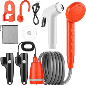 Portable Shower for Camping - Camping Shower Head with Pump, Camp Shower Pump Kit with 2 Rechargeable Batteries, Shower Head & Handheld Sprayer, 120Min Use Time, Quick Water Stop