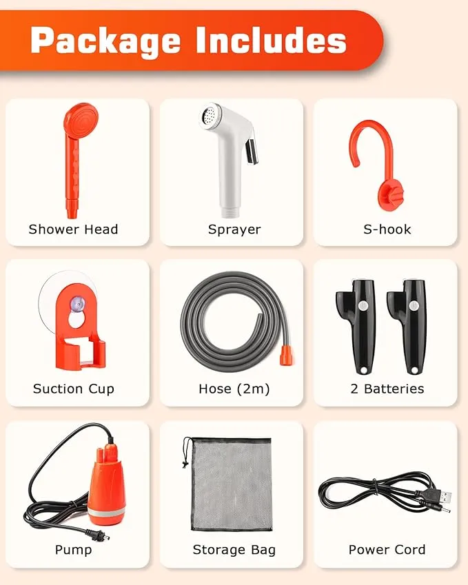Portable Shower for Camping - Camping Shower Head with Pump, Camp Shower Pump Kit with 2 Rechargeable Batteries, Shower Head & Handheld Sprayer, 120Min Use Time, Quick Water Stop