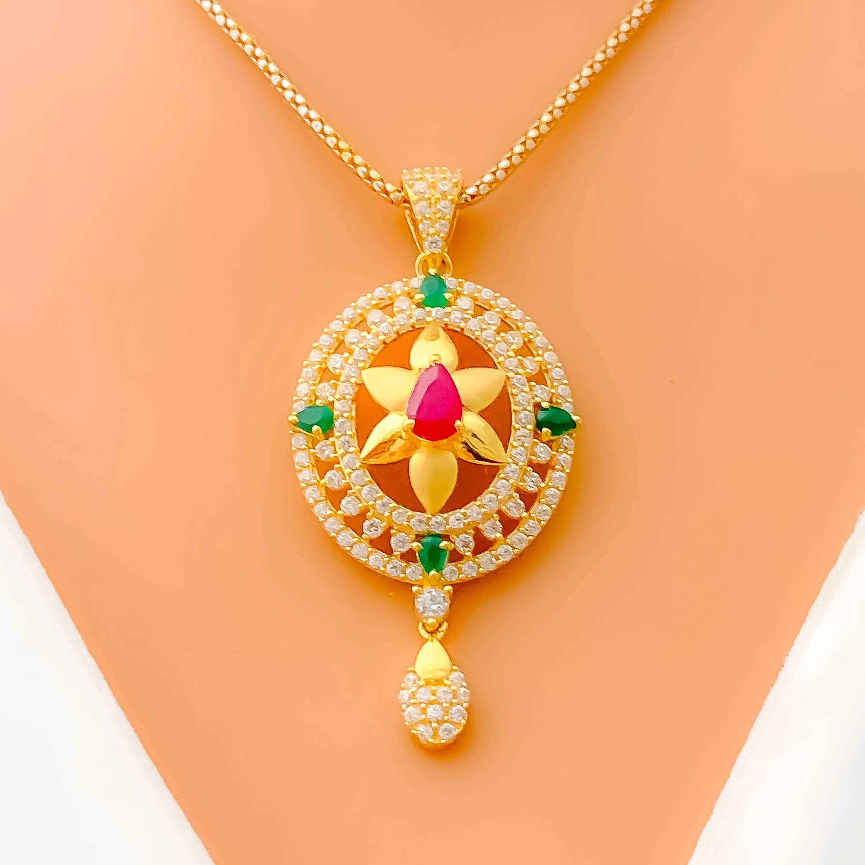 Priceless Decadent 22k Gold Floral CZ Pendant Set
