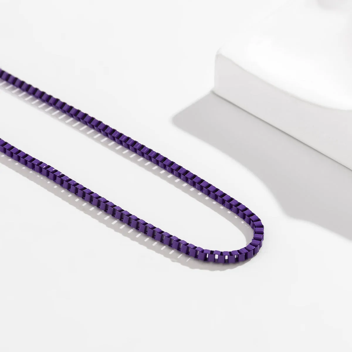 Purple Enamel & Silver-Plated Box Chain Necklace