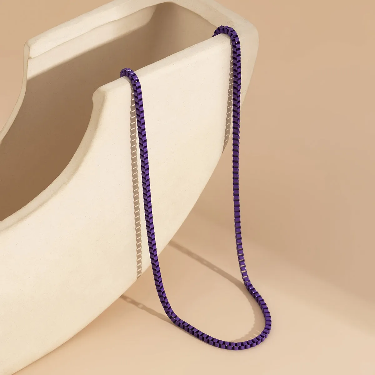 Purple Enamel & Silver-Plated Box Chain Necklace