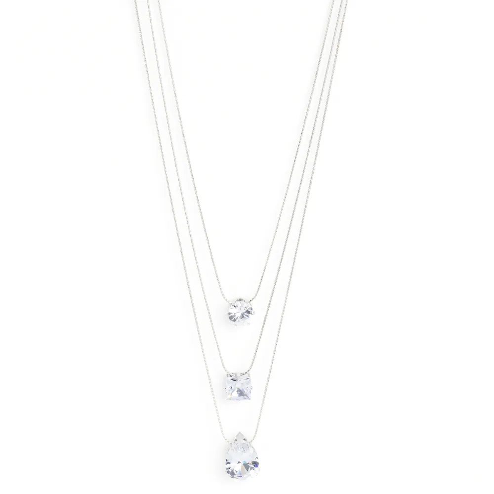 "Lustrous Layers" Silver White 3 Rhinestone Layered Necklace Set "LIFE OF THE PARTY" August 2023