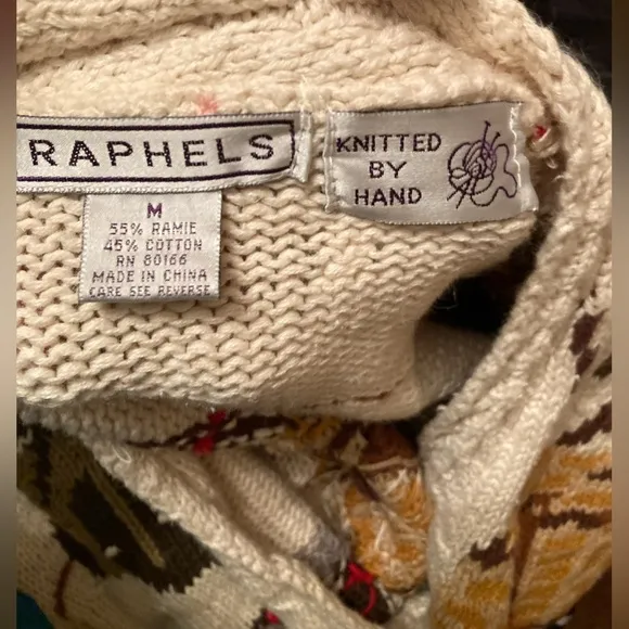 Raphels Cardigan Sweater Hand Knit Fall Fishing Leather Buttons Vintage Size Med