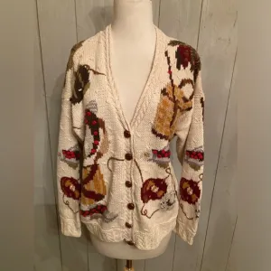Raphels Cardigan Sweater Hand Knit Fall Fishing Leather Buttons Vintage Size Med