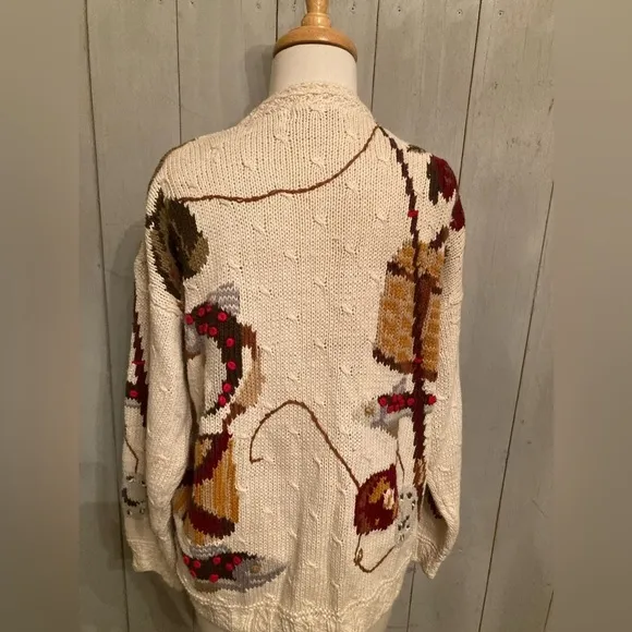 Raphels Cardigan Sweater Hand Knit Fall Fishing Leather Buttons Vintage Size Med