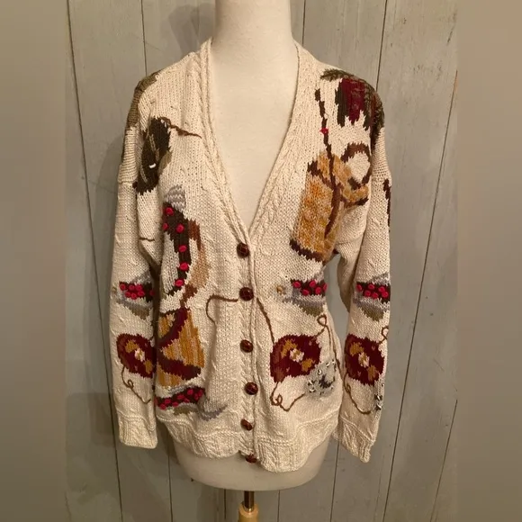 Raphels Cardigan Sweater Hand Knit Fall Fishing Leather Buttons Vintage Size Med
