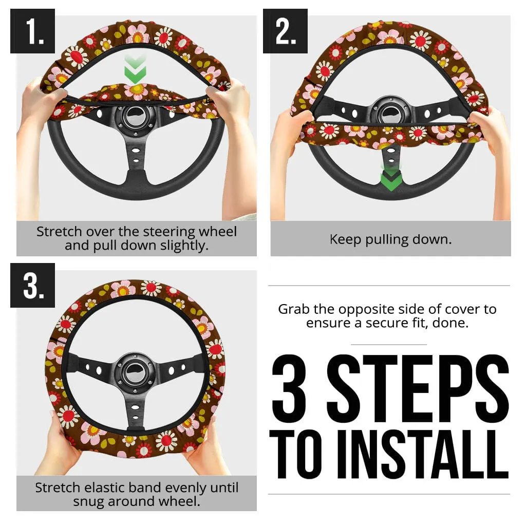 Retro Brown Daisy Mod Steering Wheel Covers