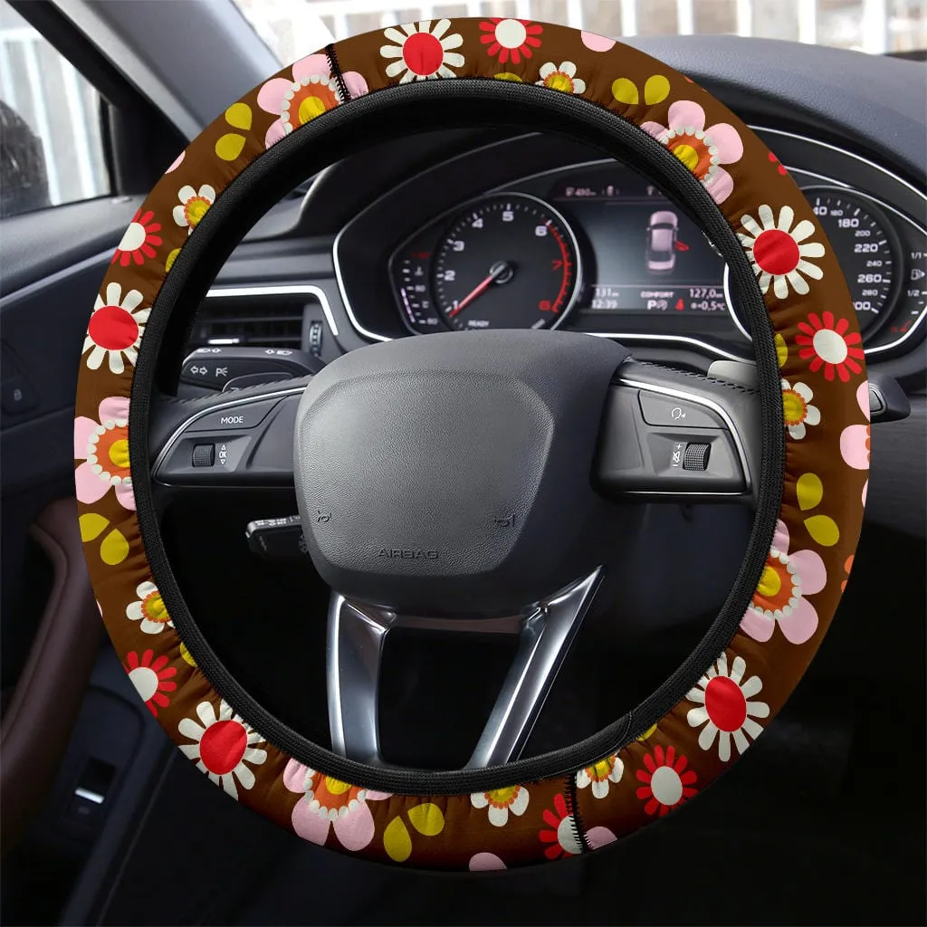 Retro Brown Daisy Mod Steering Wheel Covers
