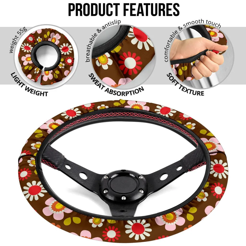 Retro Brown Daisy Mod Steering Wheel Covers
